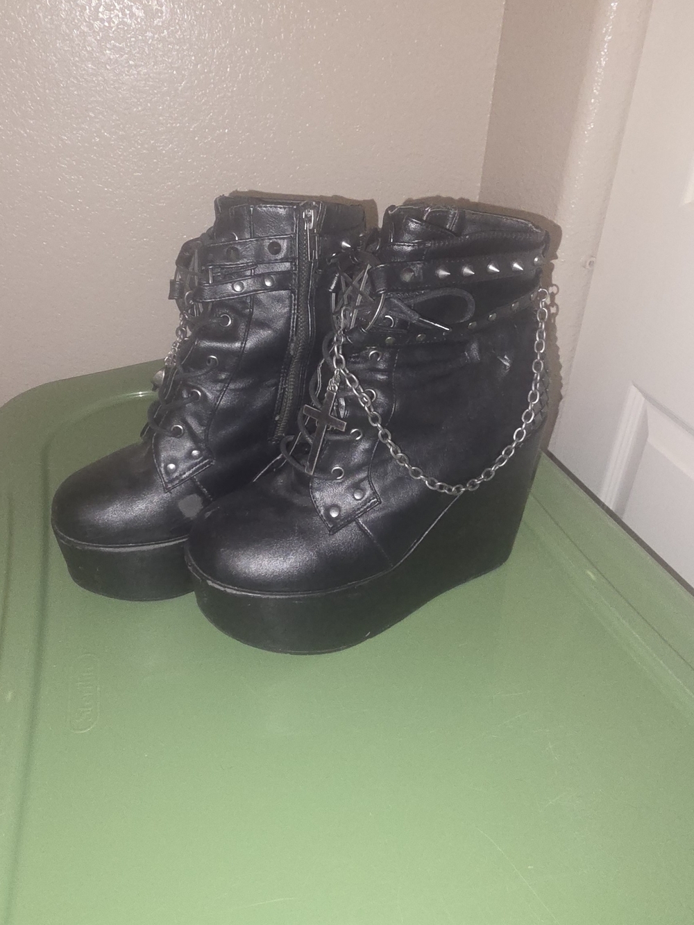 Demonia Black Studded Platform Wedge Ankle Boots with Chain Accent